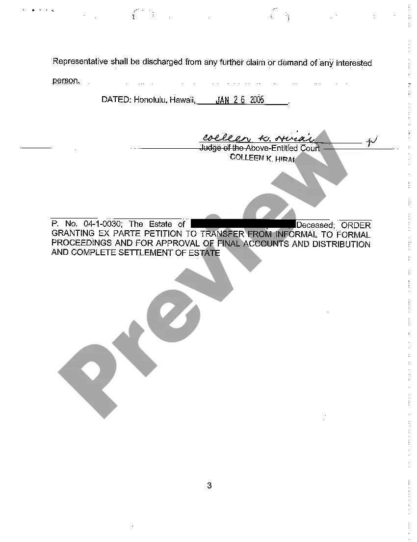 Preview A14 Order Granting Ex Parte Petition to Transfer From Informal to Formal Proceedings and Approval of Final Account and Distribution and Settlement of Estate