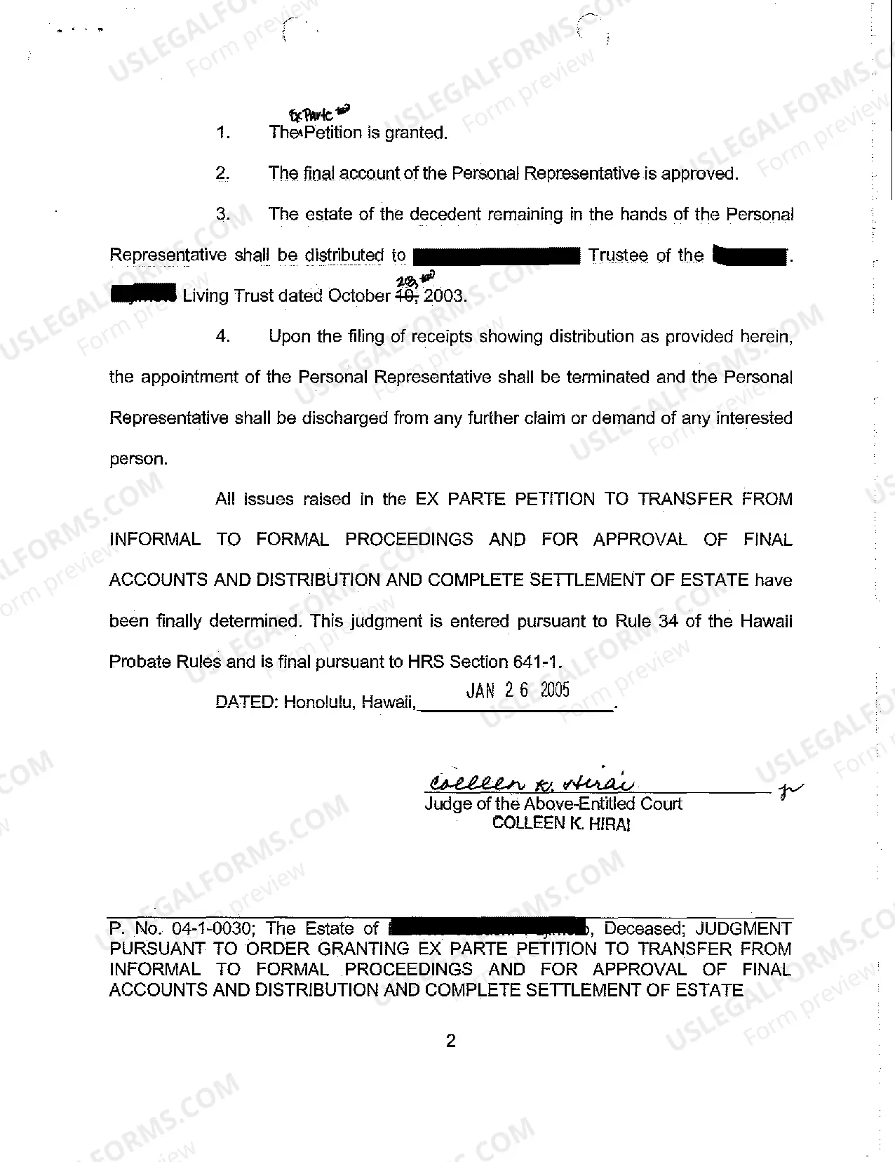 Preview A15 Judgment Pursuant to Order Granting Ex Parte Petition to Transfer to Formal Proceedings and Approval of Final Account and Distribution / Settlement of Estate