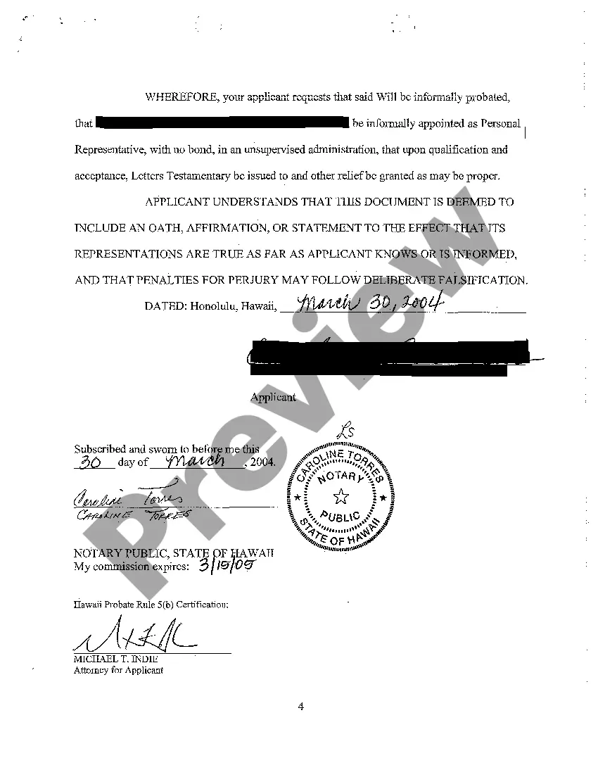 Preview A01 Application for Informal Probate of Will and For Informal Appointment of Personal Representative