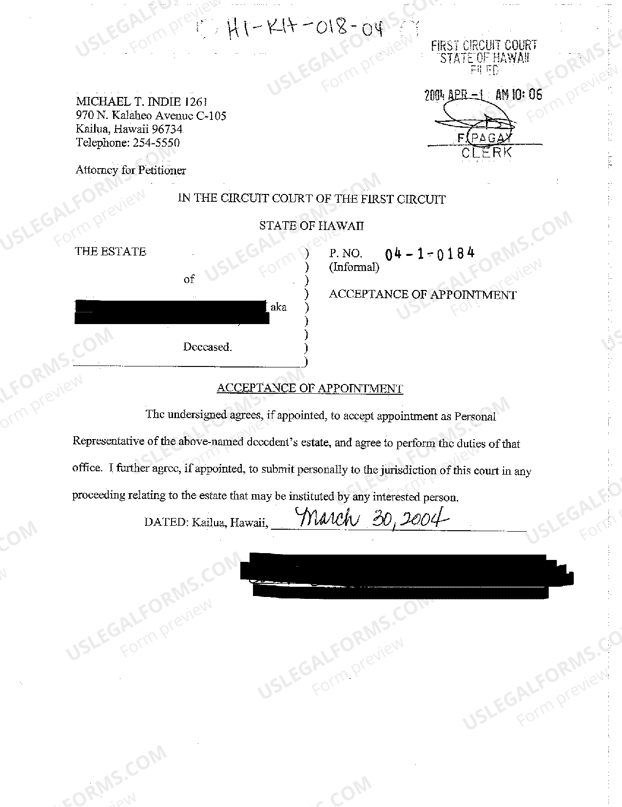 Hawaii Acceptance of Appointment of Personal Representative US Legal