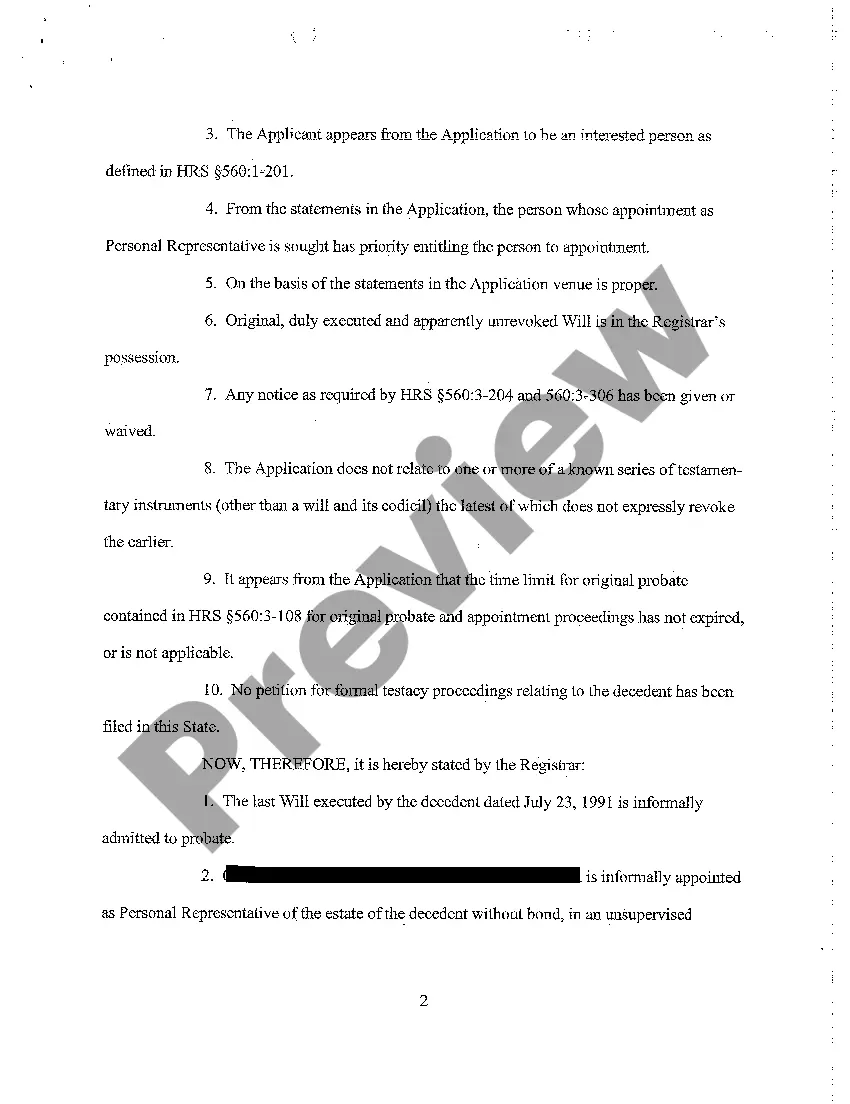 Preview A05 Statement of Informal Probate of Will and of Informal Appointment of Personal Representative