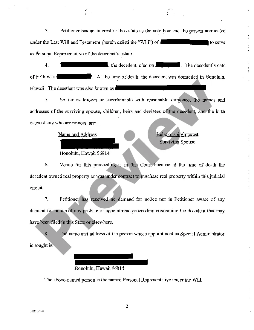 Get A01 Ex Parte Petition for Appointment of Special Administrator regarding Testate Estate Preview A01 Ex Parte Petition for Appointment of Special Administrator regarding Testate Estate