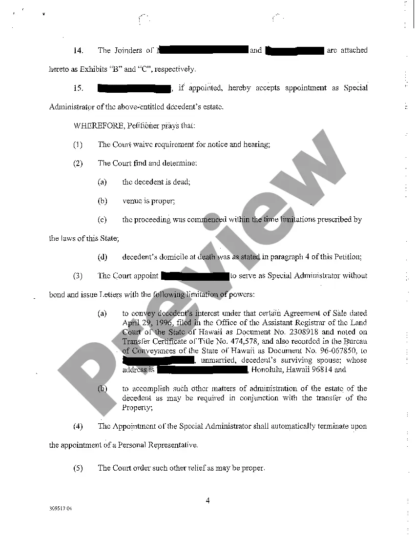Get A01 Ex Parte Petition for Appointment of Special Administrator regarding Testate Estate Preview A01 Ex Parte Petition for Appointment of Special Administrator regarding Testate Estate