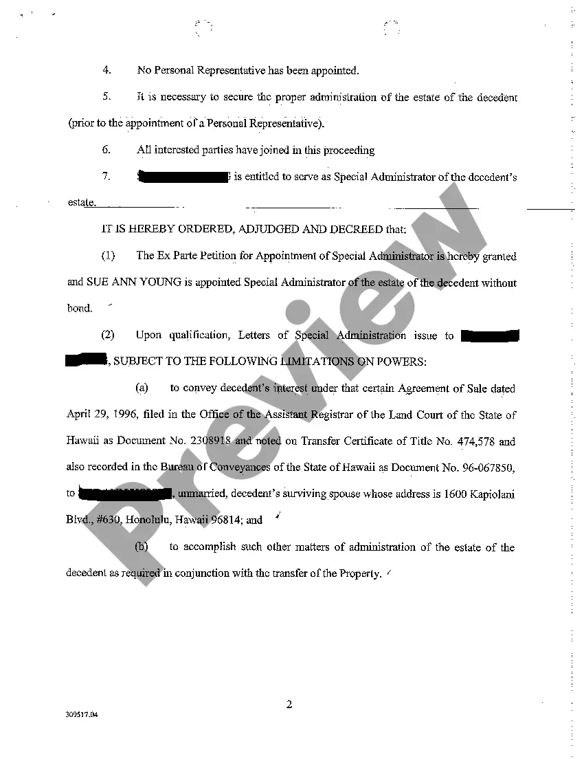 Get A04 Order Granting Ex Parte Petition for Appointment of Special Administrator Preview A04 Order Granting Ex Parte Petition for Appointment of Special Administrator