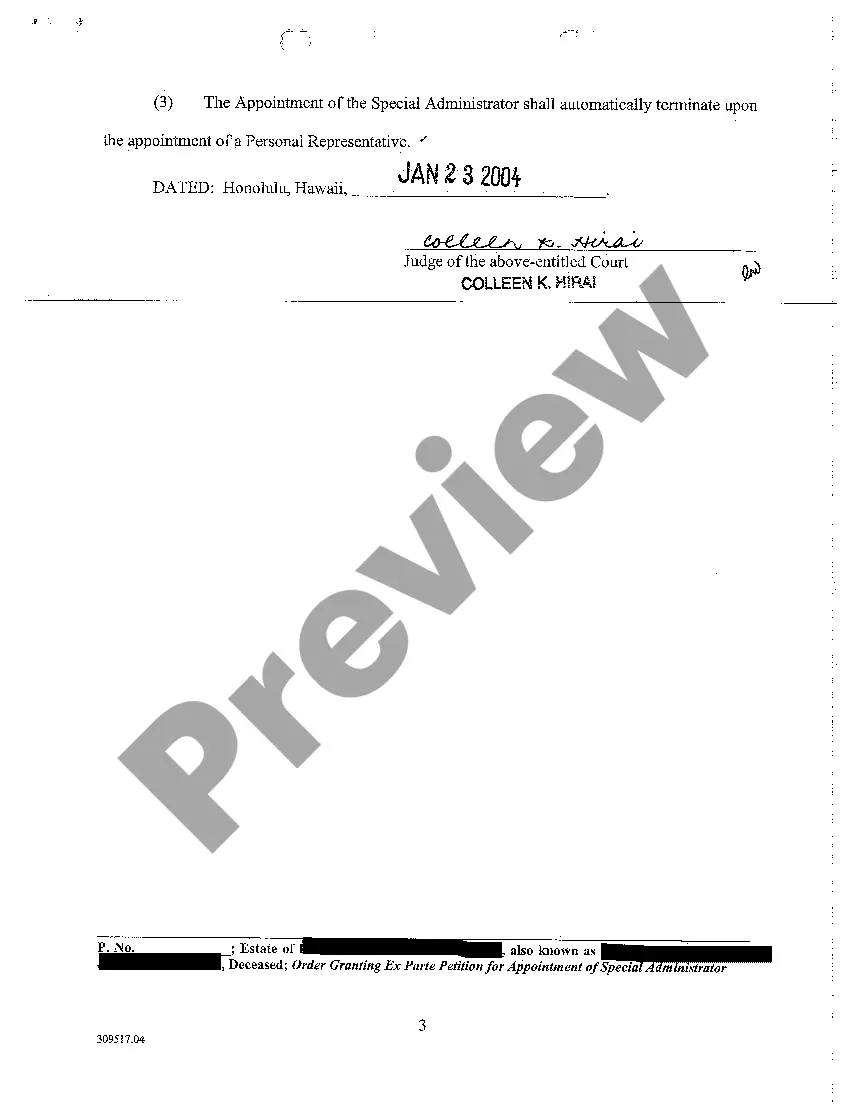 Get A04 Order Granting Ex Parte Petition for Appointment of Special Administrator Preview A04 Order Granting Ex Parte Petition for Appointment of Special Administrator