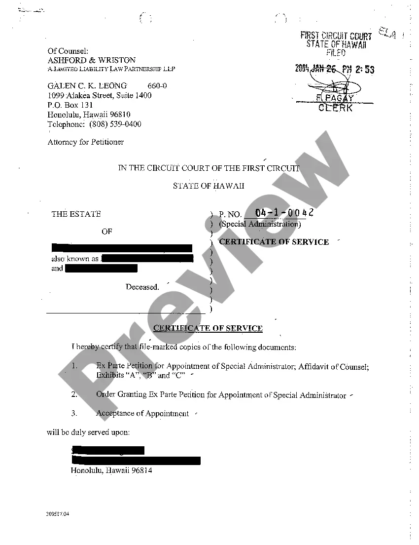 Get A04 Order Granting Ex Parte Petition for Appointment of Special Administrator Preview A04 Order Granting Ex Parte Petition for Appointment of Special Administrator