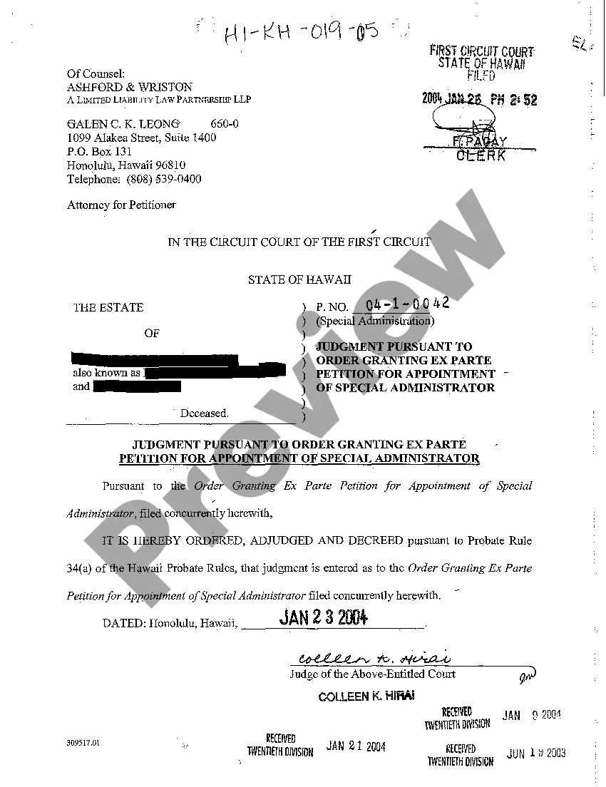 Preview A05 Judgment Pursuant to Order Granting Ex Parte Petition for Appointment of Special Administrator