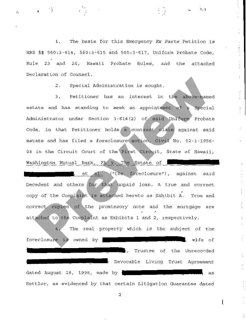 Preview A01 Emergency Ex Parte Petition for Appointment of Special Administrator regarding Foreclosure Suit Pending Against Decedent