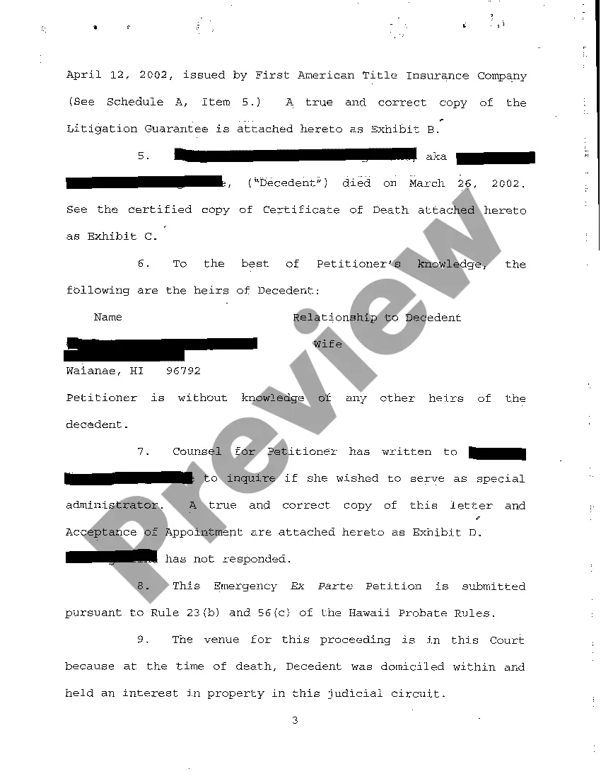 Preview A01 Emergency Ex Parte Petition for Appointment of Special Administrator regarding Foreclosure Suit Pending Against Decedent