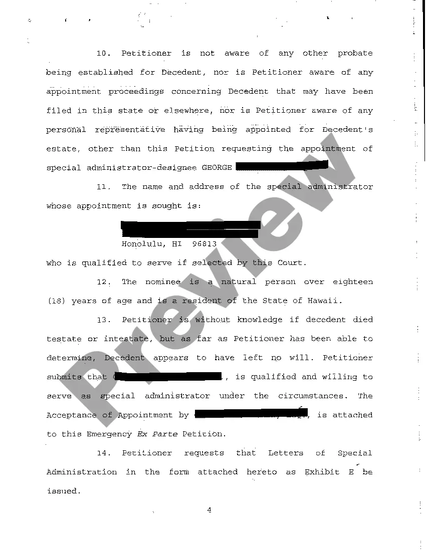 Preview A01 Emergency Ex Parte Petition for Appointment of Special Administrator regarding Foreclosure Suit Pending Against Decedent