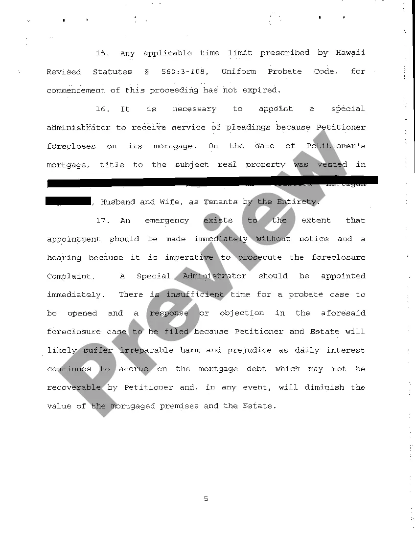Preview A01 Emergency Ex Parte Petition for Appointment of Special Administrator regarding Foreclosure Suit Pending Against Decedent