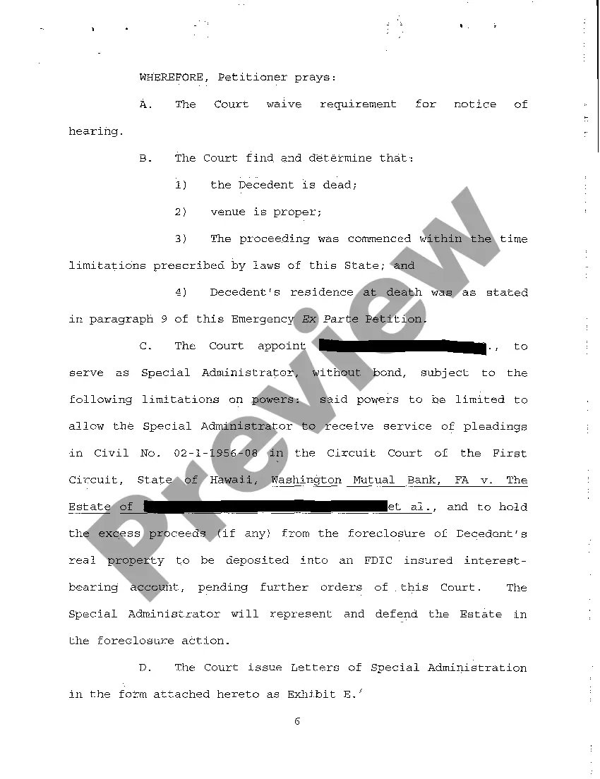 Preview A01 Emergency Ex Parte Petition for Appointment of Special Administrator regarding Foreclosure Suit Pending Against Decedent