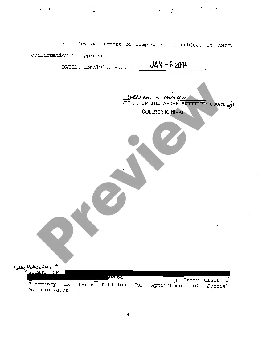 Get A03 Order Granting Emergency Ex Parte Petition for Appointment of Special Administrator Preview A03 Order Granting Emergency Ex Parte Petition for Appointment of Special Administrator