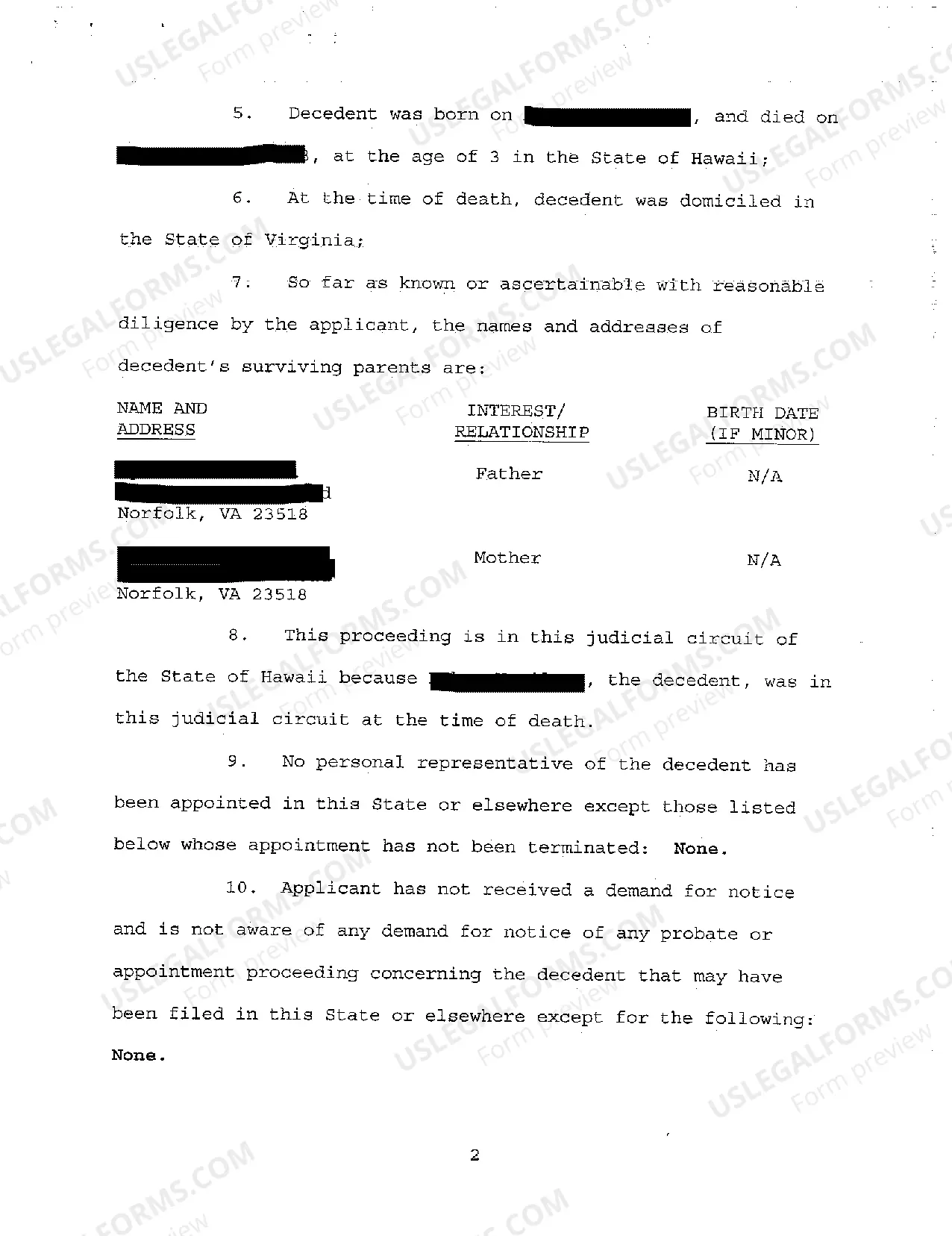 Preview A01 Application for Informal Appointment of Personal Representative of Minor Decedent Without Will