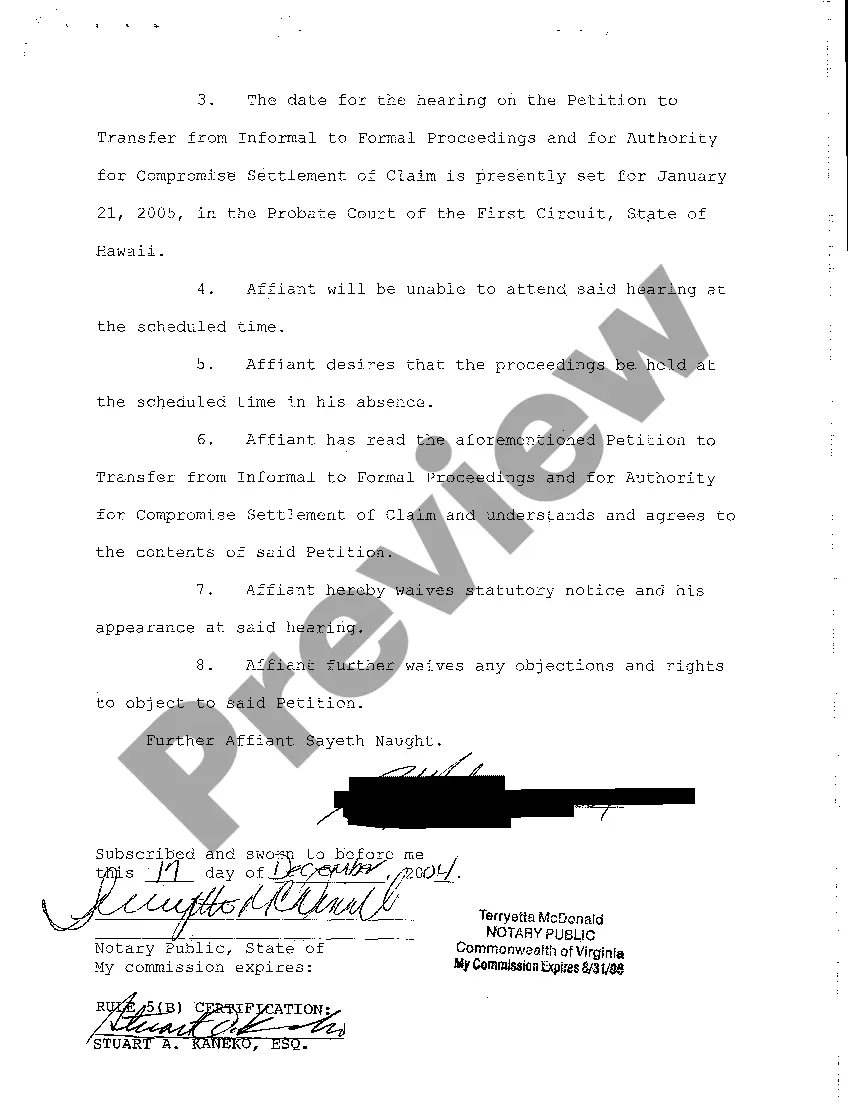 Preview A09 Order Setting Hearing on Petition to Transfer From Informal to Formal Proceedings and for Authority for Compromise Settlement of Claim