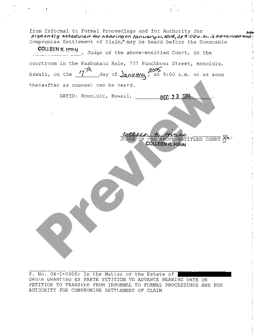 Preview A13 Order Granting Ex Parte Petition to Advance Hearing on Transfer From Informal to Formal Proceedings and for Authority to Compromise Settlement of Claim