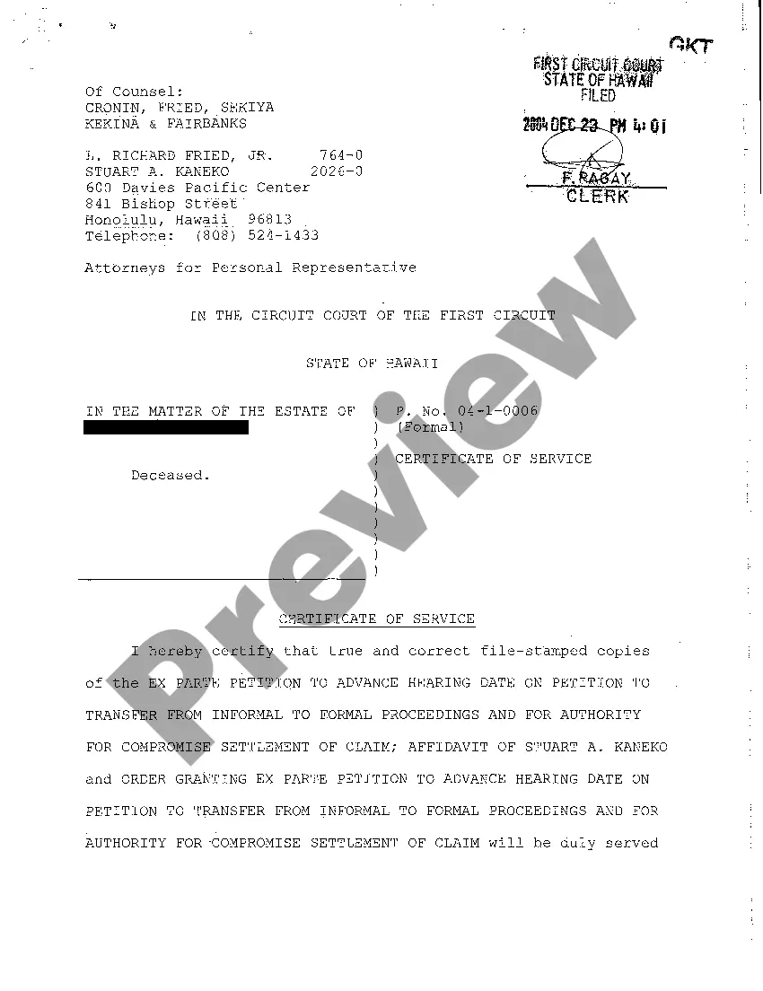 Get A14 Amended Order Setting Hearing on Petition to Transfer From Informal to Formal Proceedings and for Authority for Compromise Settlement of Claim Preview A14 Amended Order Setting Hearing on Petition to Transfer From Informal to Formal Proceedings and for Authority for Compromise Settlement of Claim