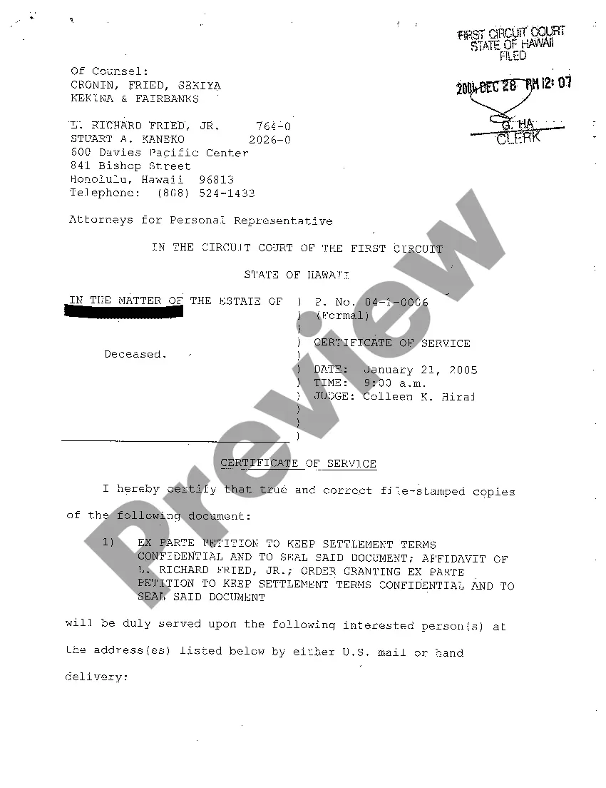 Get A16 Order Granting Ex Parte Petition to Keep Settlement Terms Confidential and to Seal Said Document Preview A16 Order Granting Ex Parte Petition to Keep Settlement Terms Confidential and to Seal Said Document