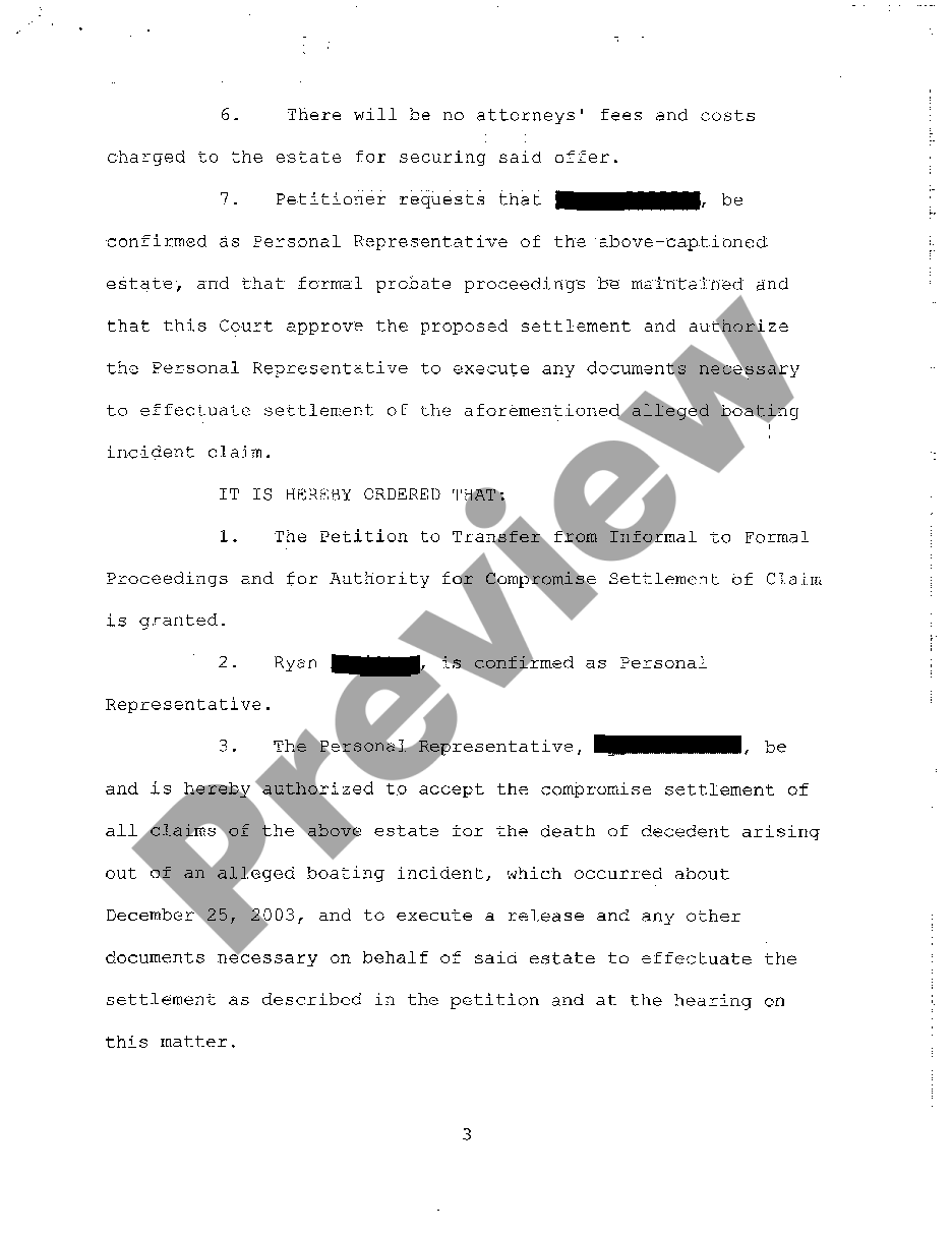 page 2 A17 Order Granting Petition to Transfer From Informal to Formal Proceedings and for Authority to Compromise Settlement of Claim preview