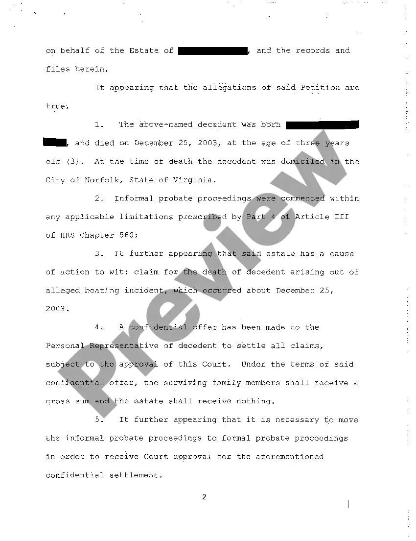 Get A17 Order Granting Petition to Transfer From Informal to Formal Proceedings and for Authority to Compromise Settlement of Claim Preview A17 Order Granting Petition to Transfer From Informal to Formal Proceedings and for Authority to Compromise Settlement of Claim