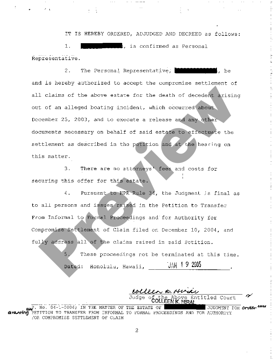 page 1 A18 Judgment for Order Granting Petition to Transfer From Informal to Formal Proceedings and for Authority for Compromise Settlement of Claim preview