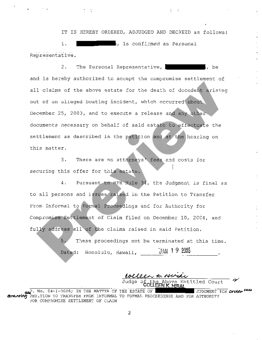 Preview A18 Judgment for Order Granting Petition to Transfer From Informal to Formal Proceedings and for Authority for Compromise Settlement of Claim