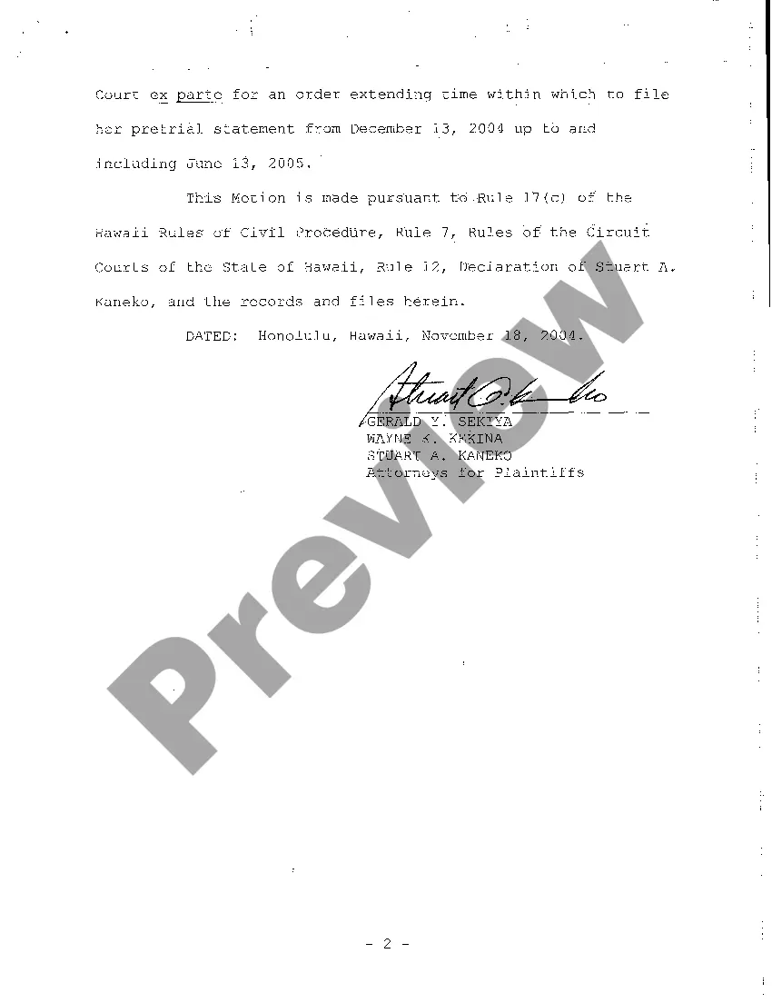 Preview A08 Plaintiff's Ex Parte Motion for Extension of Time to File Pretrial Statement