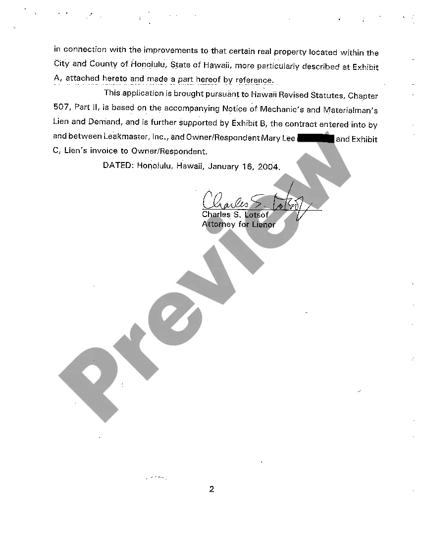 Get A01 Application for Mechanic's and Materialman's Lien Preview A01 Application for Mechanic's and Materialman's Lien