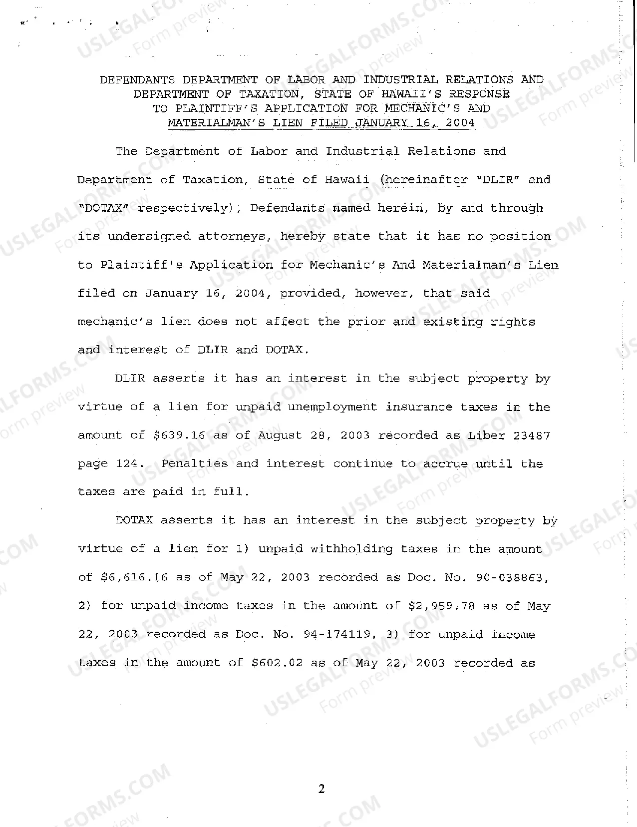 Preview A08 Response to Plaintiff's Application for Mechanic's and Materialman's Lien