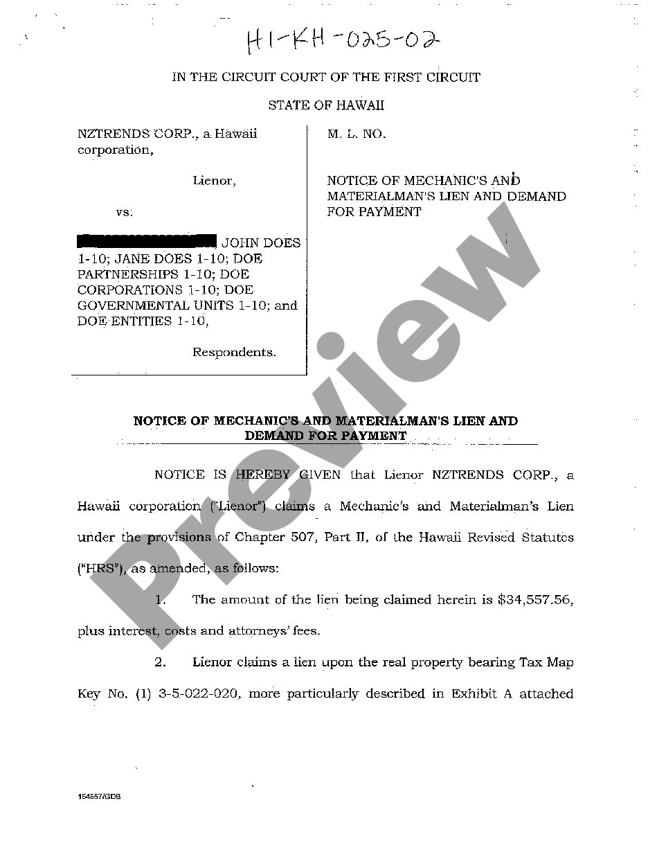 Hawaii Notice of Mechanic's and Materialman's Lien and Demand for ...