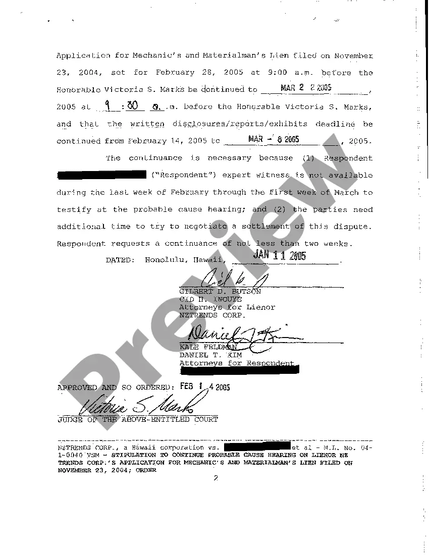 Preview A07 Stipulation to Continue Probable Cause Hearing on Lienors Application for Mechanic's and Materialman's Lien