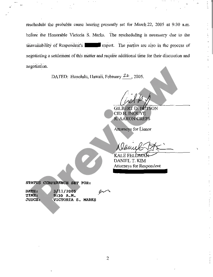 Preview A08 Stipulation to Set a Status Conference to Reschedule Probable Cause Hearing