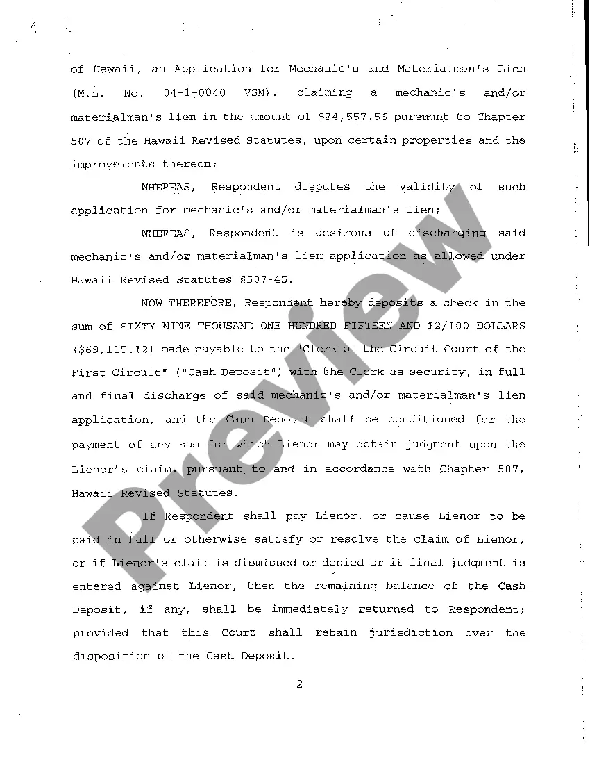 Preview A09 Cash Deposit for Discharge of Mechanic's and Materialman's Lien