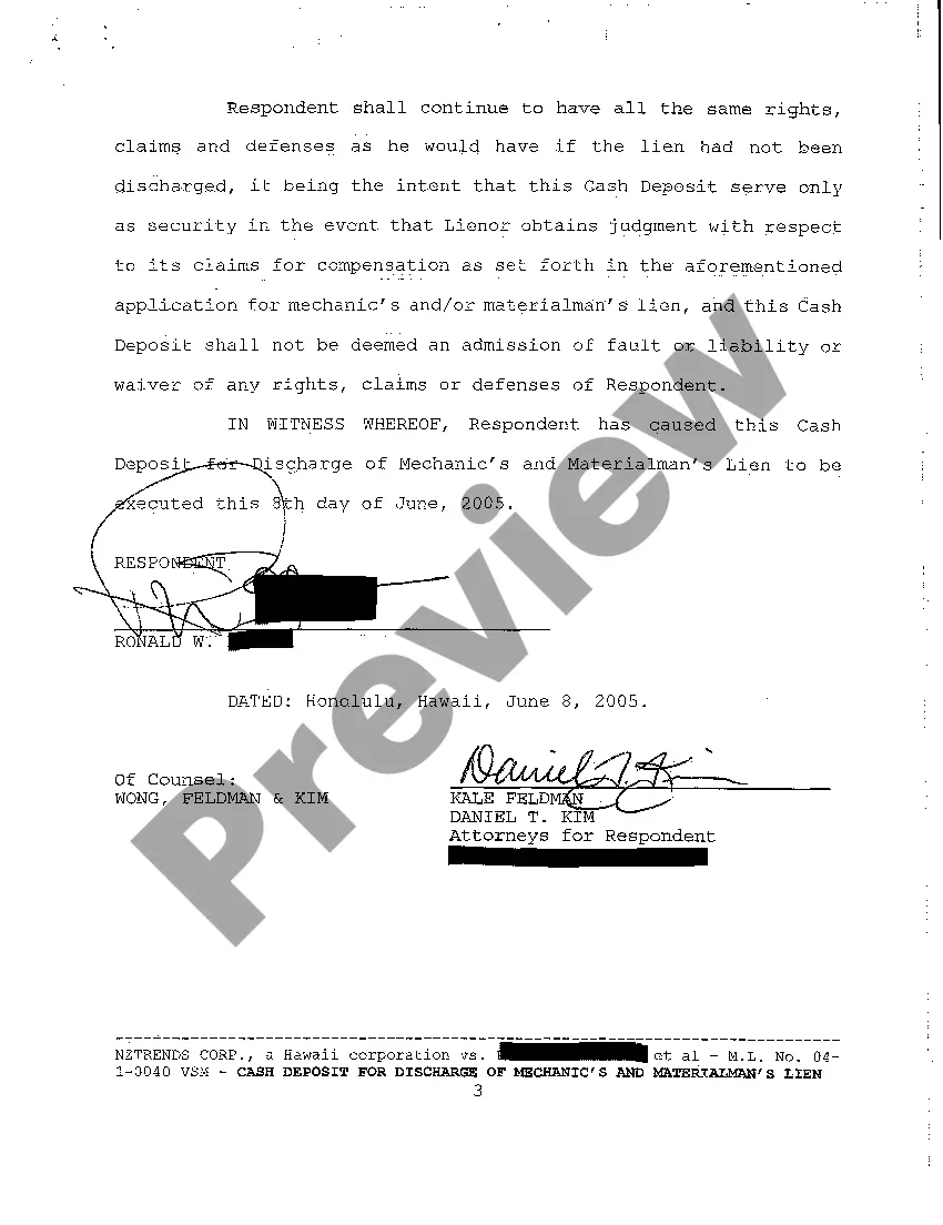 Preview A09 Cash Deposit for Discharge of Mechanic's and Materialman's Lien
