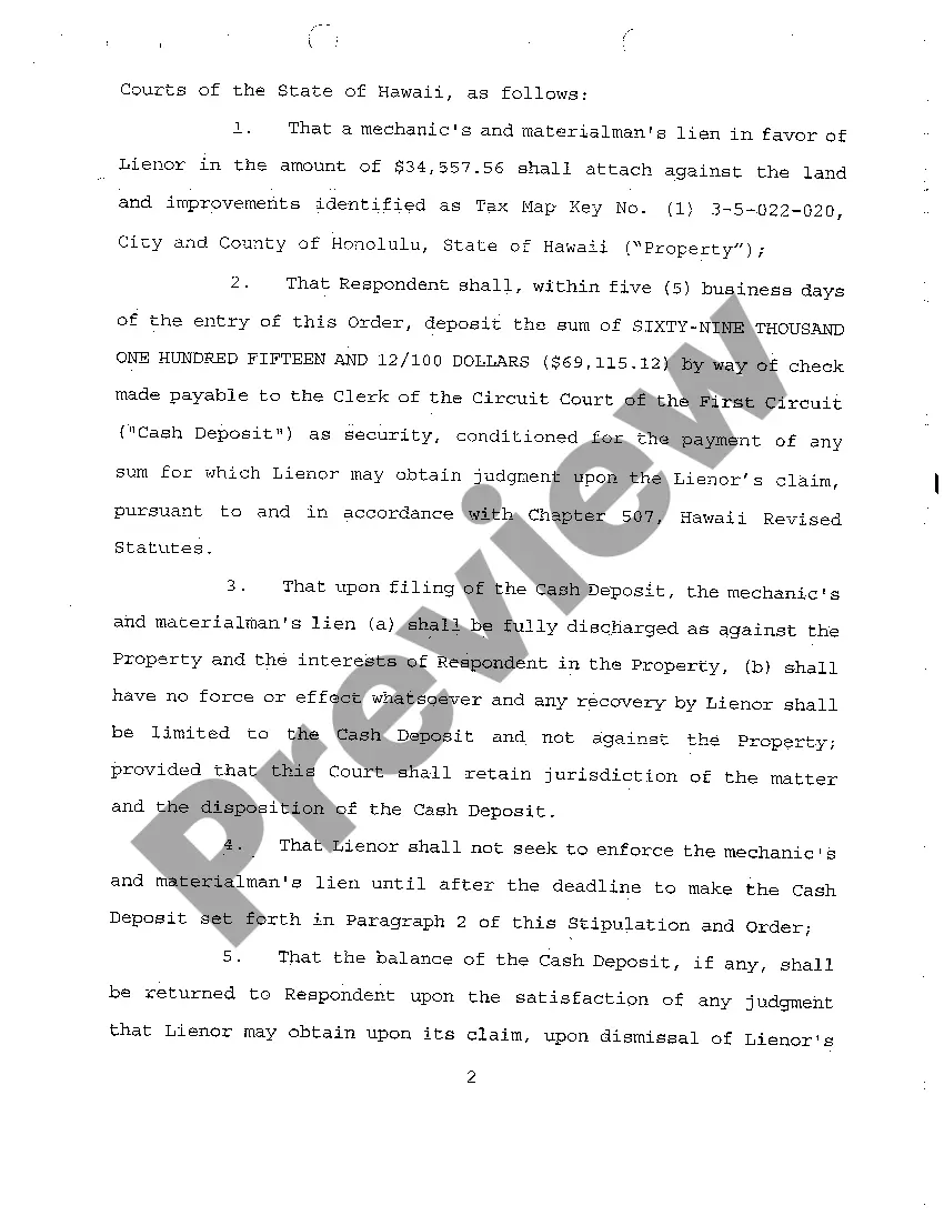 Preview A10 Stipulation for Attachment of Mechanic's and Materialman's Liens, for Deposit of Cash to Discharge Liens, and for Discharge of Liens and Order