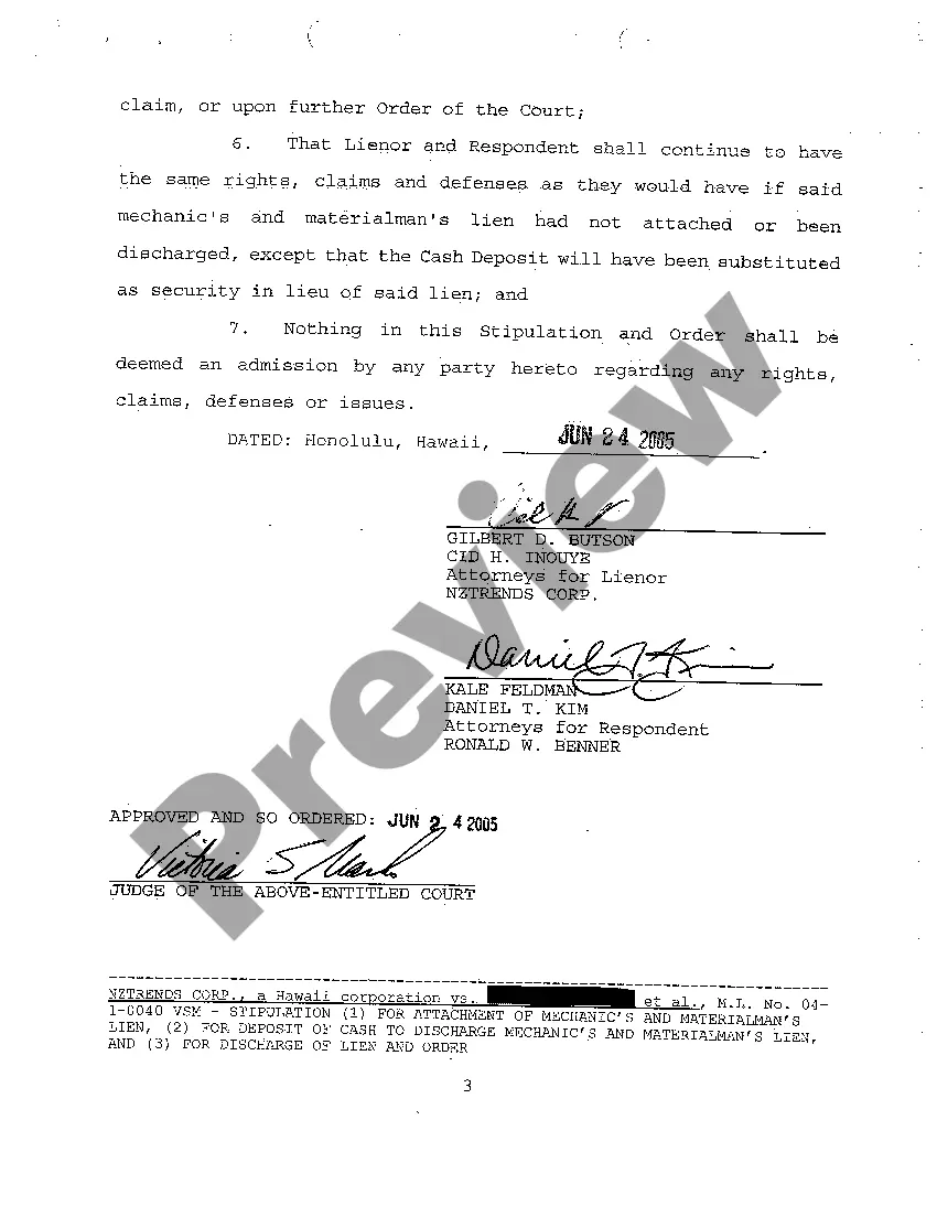 Preview A10 Stipulation for Attachment of Mechanic's and Materialman's Liens, for Deposit of Cash to Discharge Liens, and for Discharge of Liens and Order