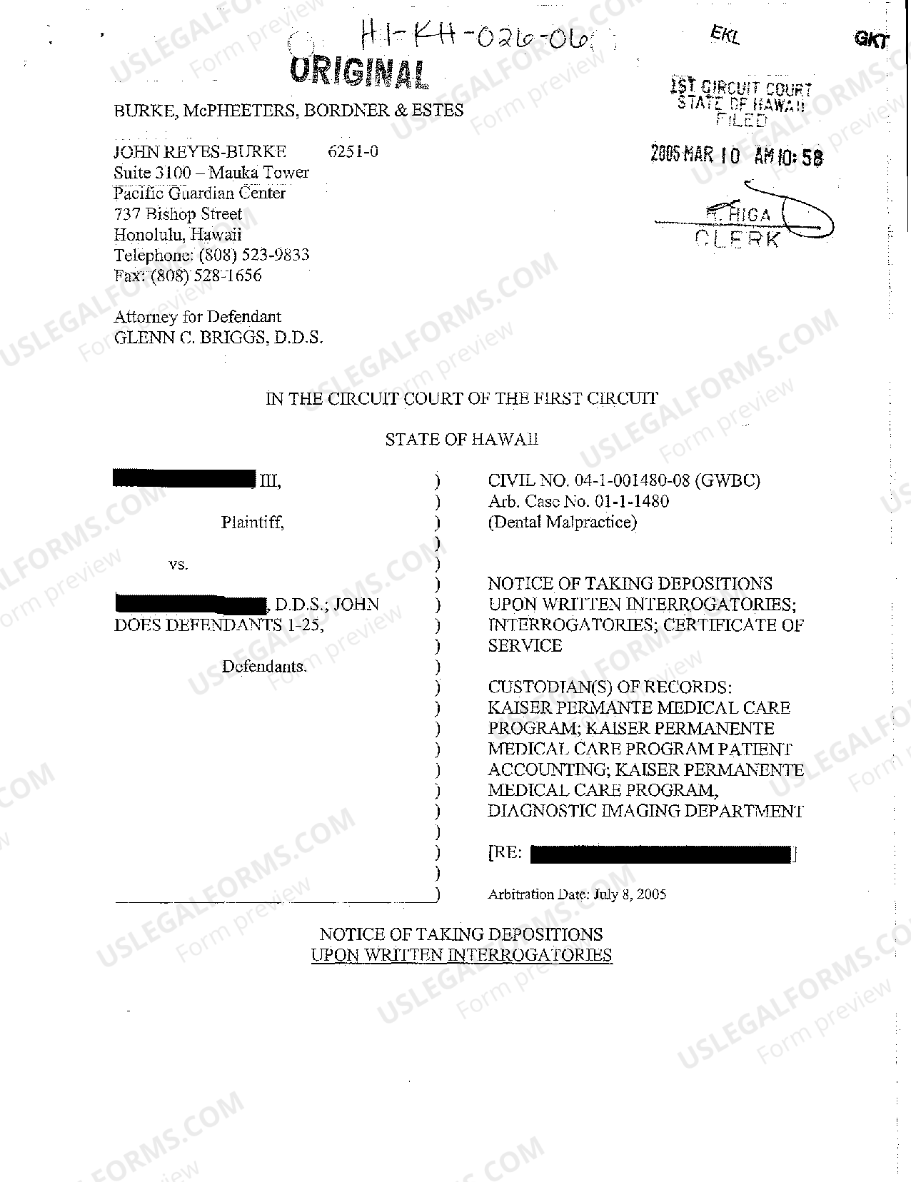 Written Interrogatories Hawaii Notice of Taking Depositions Upon Written Interrogatories | US ...