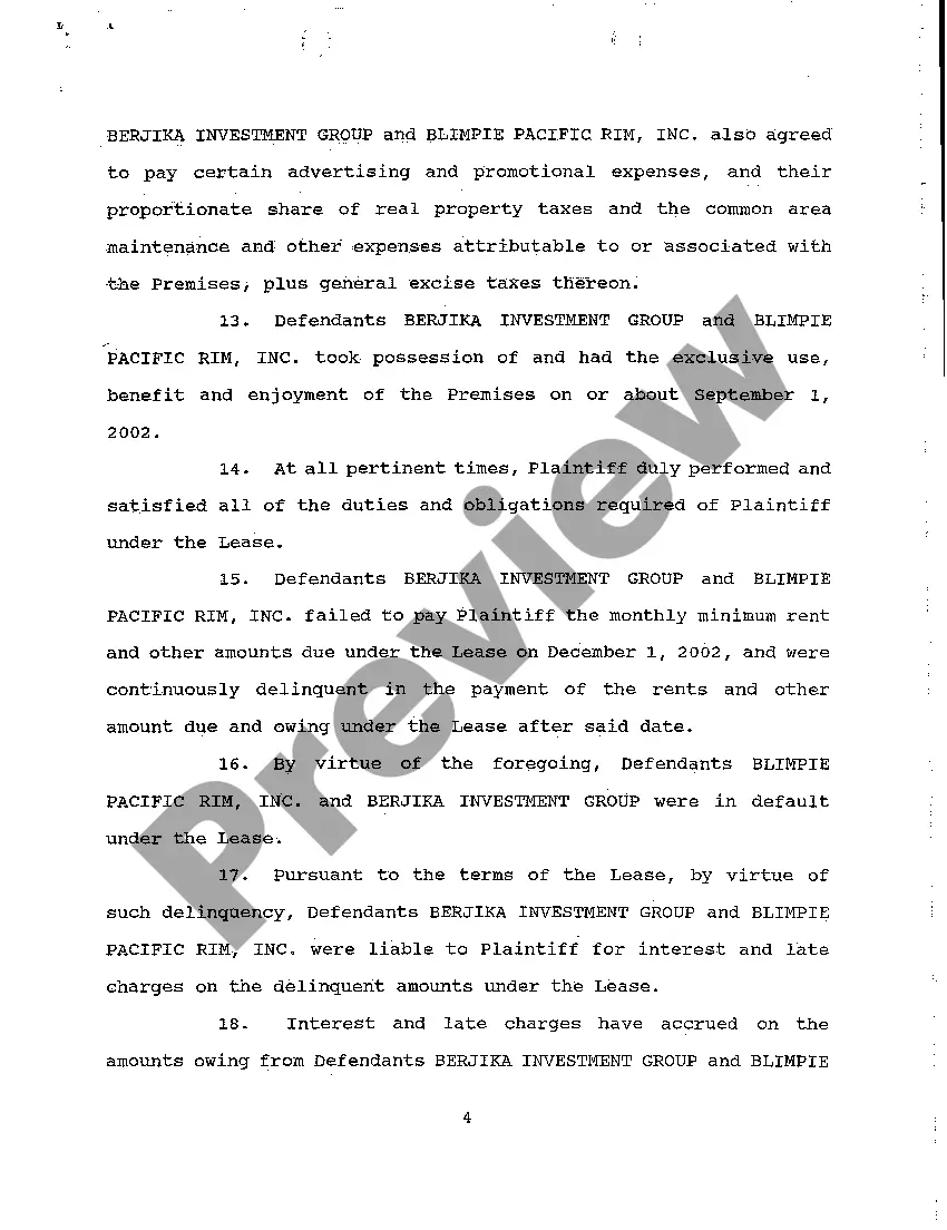 Get A02 Complaint for Breach of Lease Agreement to Rent Retail Space Preview A02 Complaint for Breach of Lease Agreement to Rent Retail Space