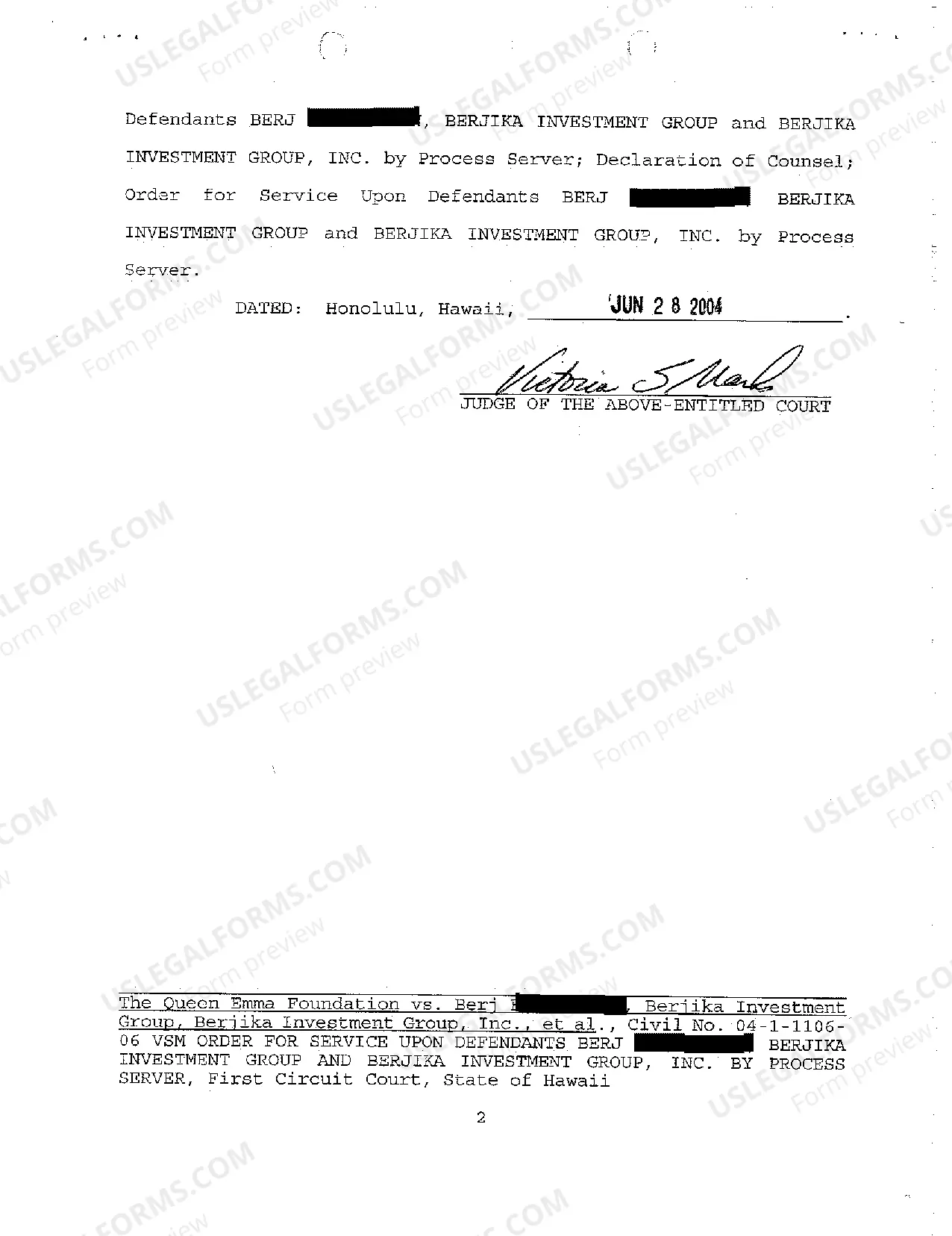 Preview A07 Order for Service Upon Defendants by Process Server