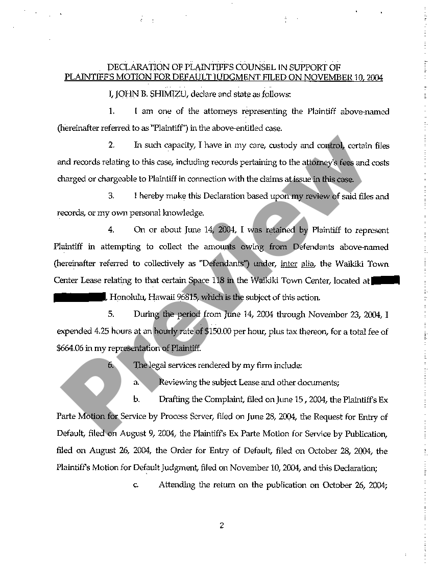 Hawaii Declaration of Plaintiff's Counsel in Support of Motion for