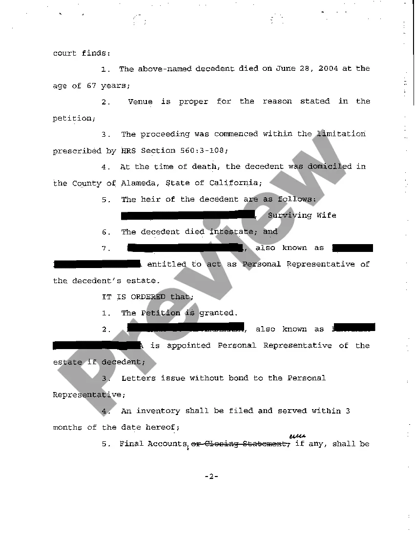 Preview A05 Order Granting Petition for Adjudication of Intestacy, Determination of Heirs, and Formal Appointment of Personal Representative