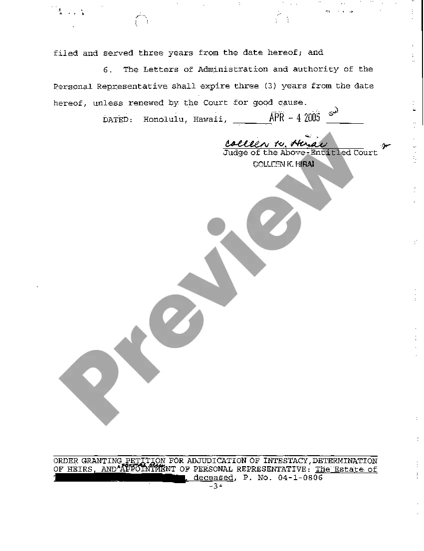 Preview A05 Order Granting Petition for Adjudication of Intestacy, Determination of Heirs, and Formal Appointment of Personal Representative