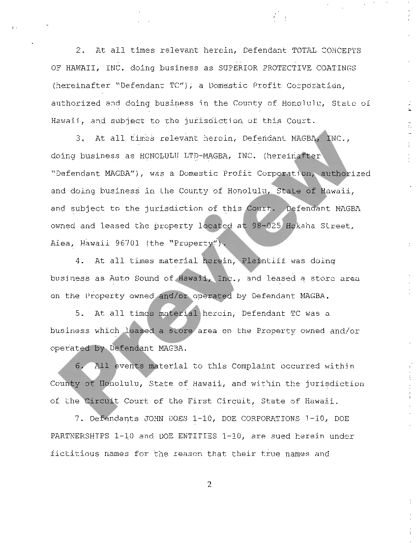 Preview A02 Complaint for Personal Injury Due to Emission of Noxious Gas from Spray-on Bed liner Business