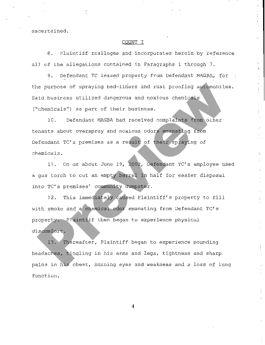 Preview A02 Complaint for Personal Injury Due to Emission of Noxious Gas from Spray-on Bed liner Business