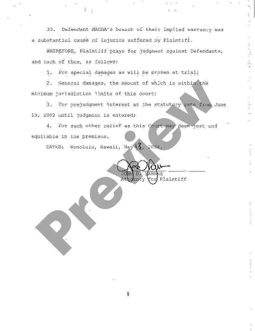 Preview A02 Complaint for Personal Injury Due to Emission of Noxious Gas from Spray-on Bed liner Business