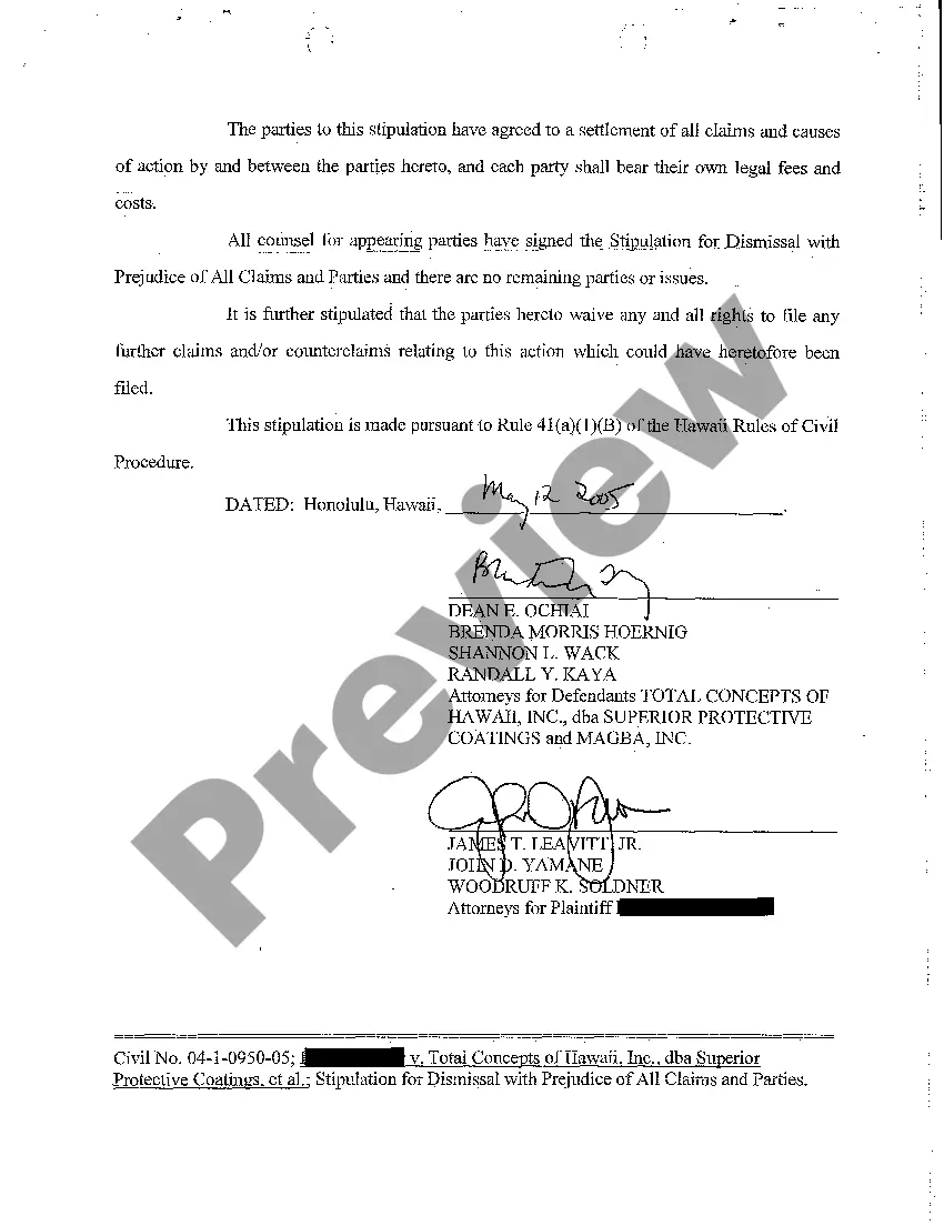 Preview A12 Stipulation for Dismissal with Prejudice of all Claims and Parties Due to Settlement