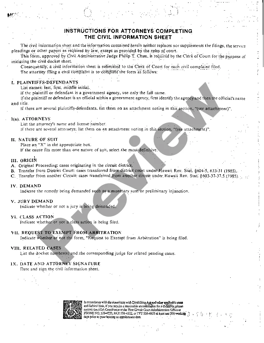 Preview A01 Civil Information Sheet for Other Non-Vehicle Tort