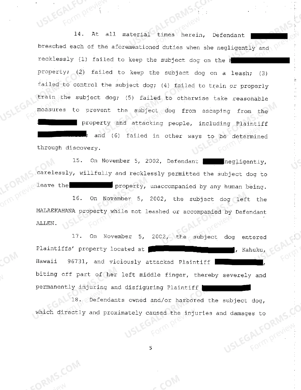 Preview A02 Complaint for Personal Injury Due to Negligent Mishandling of Domestic Animal