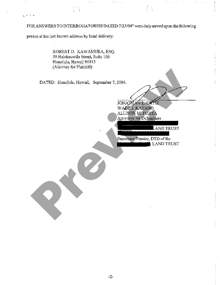 Hawaii Certificate Of Service Of Defendant S Response To Plaintiff S First Request For Answers