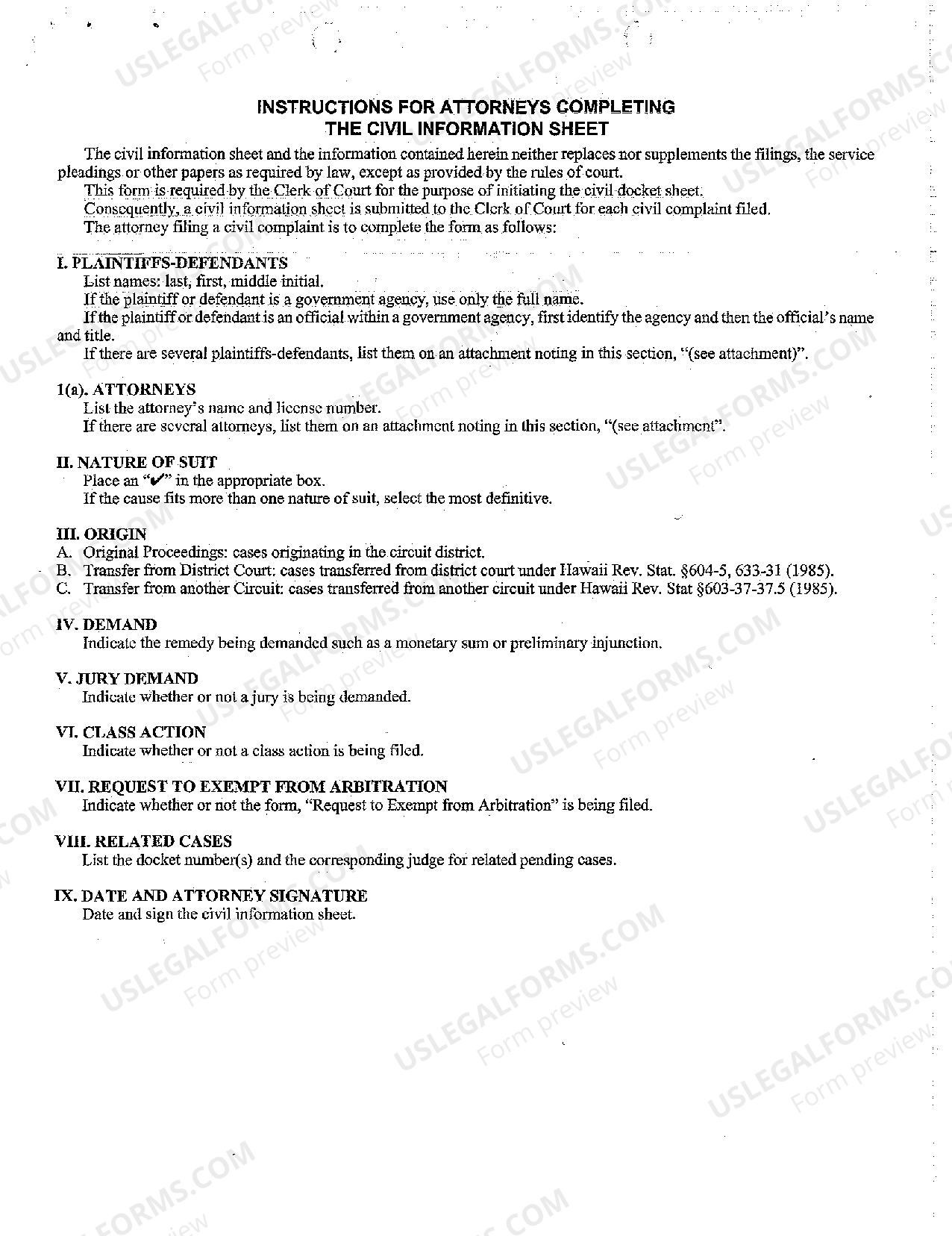 Hawaii Civil Information Sheet regarding Condemnation US Legal Forms